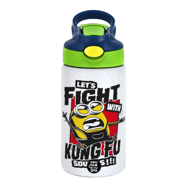 Minions Let's fight with kung fu sounds — Παιδικό παγούρι θερμό, ανοξείδωτο, με καλαμάκι ασφαλείας, πράσινο/μπλε (350ml)