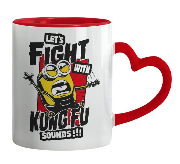 Minions Let's fight with kung fu sounds — Κούπα καρδιά χερούλι κόκκινη, κεραμική, 330ml