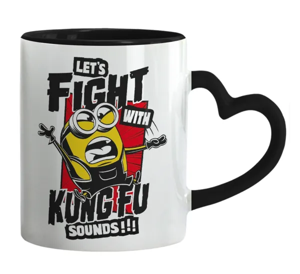 Minions Let's fight with kung fu sounds — Κούπα καρδιά χερούλι μαύρη, κεραμική, 330ml