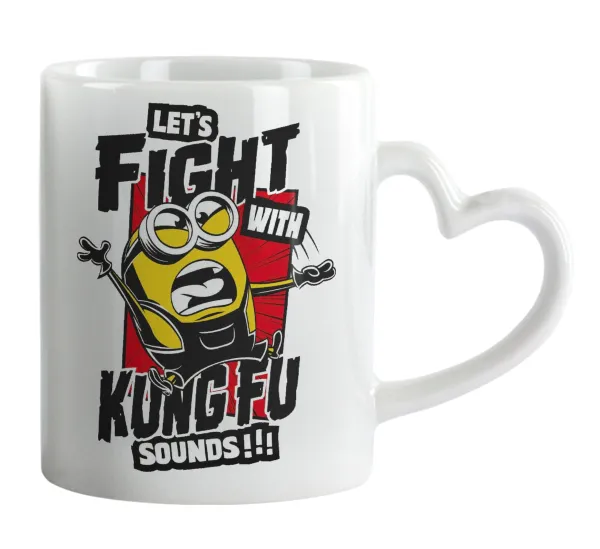 Minions Let's fight with kung fu sounds — Κούπα καρδιά χερούλι λευκή, κεραμική, 330ml