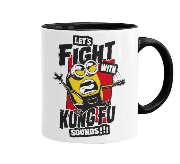 Minions Let's fight with kung fu sounds — Κούπα χρωματιστή μαύρη, κεραμική, 330ml