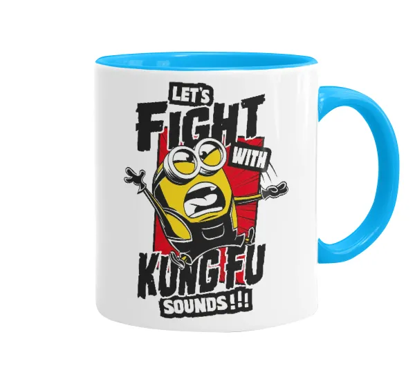 Minions Let's fight with kung fu sounds — Κούπα χρωματιστή γαλάζια, κεραμική, 330ml