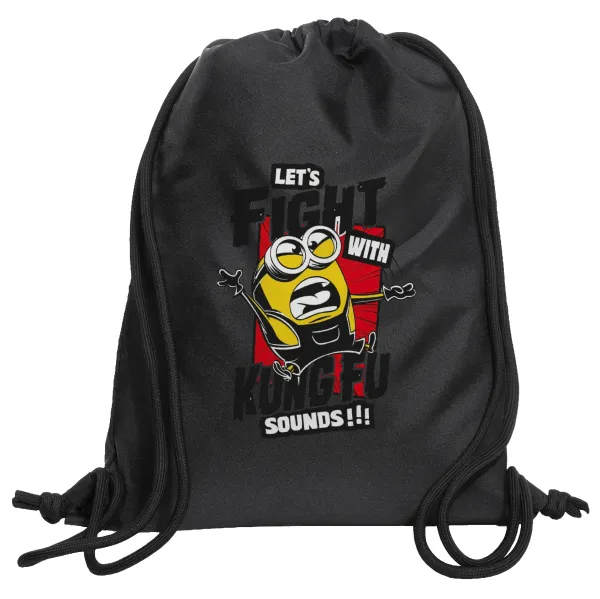Minions Let's fight with kung fu sounds — Τσάντα πλάτης πουγκί GYMBAG Μαύρη, με τσέπη (40x48cm) & χονδρά κορδόνια