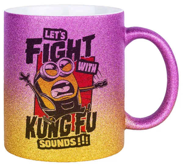 Minions Let's fight with kung fu sounds — Κούπα Χρυσή/Ροζ Glitter, κεραμική, 330ml