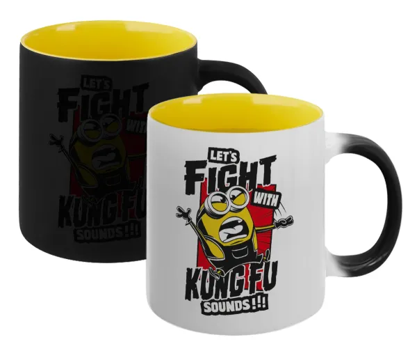 Minions Let's fight with kung fu sounds — Magic mug with yellow interior, ceramic, 330ml, changes colour with hot drinks