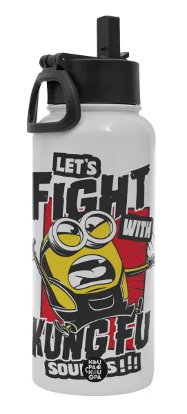 Minions Let's fight with kung fu sounds — Metal mug thermo White with Straw and Spout Lid (Stainless steel), double wall, 950ml
