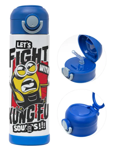 Minions Let's fight with kung fu sounds — Παιδικό παγούρι θερμό, ανοξείδωτο, με καλαμάκι ασφαλείας, ΜΠΛΕ (500ml)