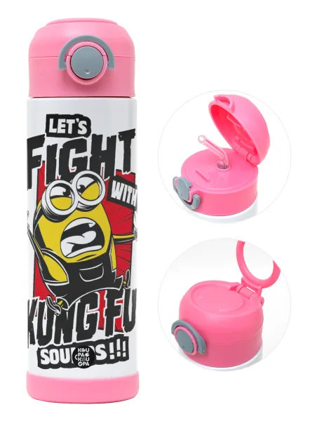 Minions Let's fight with kung fu sounds — Παιδικό παγούρι θερμό, ανοξείδωτο, με καλαμάκι ασφαλείας, ΡΟΖ (500ml)