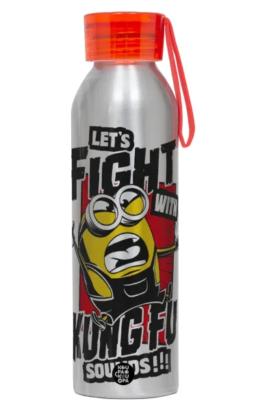 Minions Let's fight with kung fu sounds — Αλουμινένιο Αθλητικό Μπουκάλι 650ml – Ασημί με Κόκκινο Καπάκι και Λουράκι Σιλικόνης