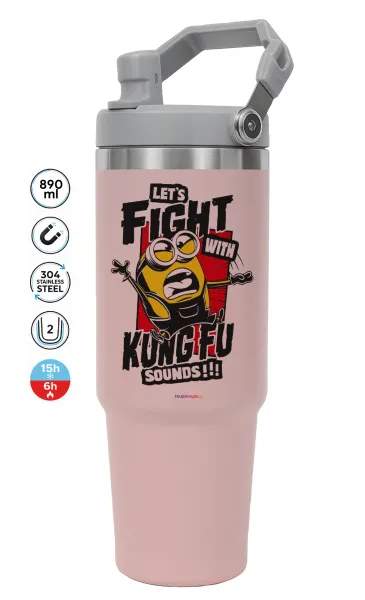 Minions Let's fight with kung fu sounds — ΡΟΖ Travel Tumbler Θερμός με χερούλι και καλαμάκι 890ml