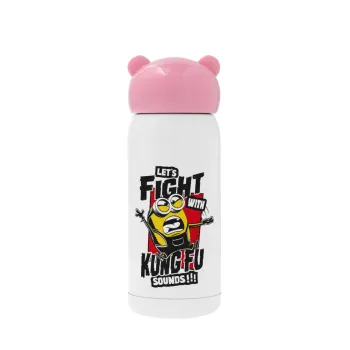 Minions Let's fight with kung fu sounds, Pink stainless steel thermal flask, 320ml