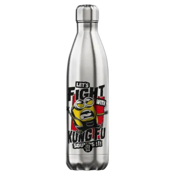 Minions Let's fight with kung fu sounds, Μεταλλικό παγούρι θερμός Inox (Stainless steel), διπλού τοιχώματος, 750ml