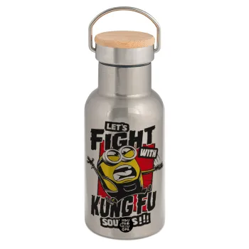 Minions Let's fight with kung fu sounds, Stainless steel metallic thermos flask, silver with a bamboo lid, double-walled, 350ml.