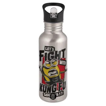Minions Let's fight with kung fu sounds, Water bottle Silver with straw, stainless steel 600ml