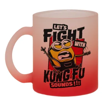 Minions Let's fight with kung fu sounds, Κούπα γυάλινη δίχρωμη με βάση το κόκκινο ματ, 330ml