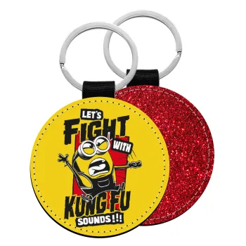 Minions Let's fight with kung fu sounds, Μπρελόκ Δερματίνη, στρογγυλό ΚΟΚΚΙΝΟ (5cm)