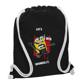 Minions Let's fight with kung fu sounds, Τσάντα πλάτης πουγκί GYMBAG Μαύρη, με τσέπη (40x48cm) & χονδρά λευκά κορδόνια