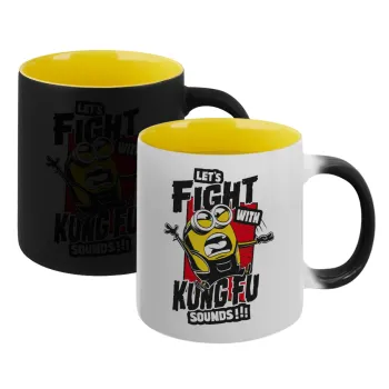 Minions Let's fight with kung fu sounds, Κούπα Μαγική εσωτερικό κίτρινη, κεραμική 330ml που αλλάζει χρώμα με το ζεστό ρόφημα