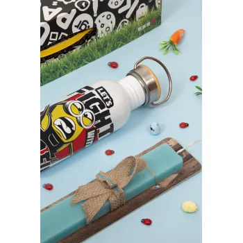 Minions Let's fight with kung fu sounds, Πασχαλινή Λαμπάδα με παγούρι μεταλλικό (620ml, stainless steel) & κερί αρωματικό πλακέ (30cm) (ΤΙΡΚΟΥΑΖ)