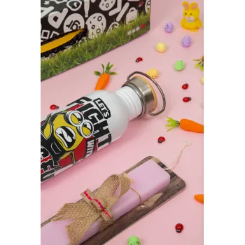 Minions Let's fight with kung fu sounds, Πασχαλινή Λαμπάδα με παγούρι μεταλλικό (620ml, stainless steel) & κερί αρωματικό πλακέ (30cm) (ΡΟΖ)