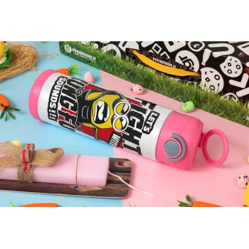 Minions Let's fight with kung fu sounds, Easter candle, Childrens hot water bottle, stainless steel, with safety straw, PINK (500ml)