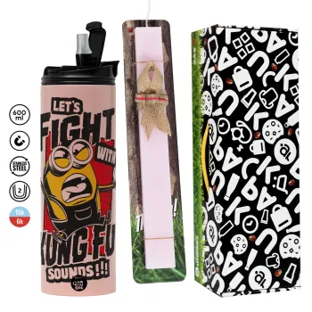 Minions Let's fight with kung fu sounds, Πασχαλινή Λαμπάδα με  ΡΟΖ Travel Tumbler θερμό (600ml, BPA free) & κερί αρωματικό πλακέ (30cm) (ΡΟΖ)