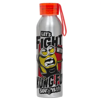 Minions Let's fight with kung fu sounds, Αλουμινένιο Αθλητικό Μπουκάλι 650ml – Ασημί με Κόκκινο Καπάκι και Λουράκι Σιλικόνης