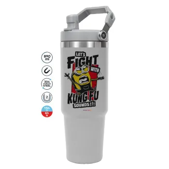 Minions Let's fight with kung fu sounds, ΓΚΡΙ χρώματος Θερμός Ανοξείδωτο 890ml (30oz) με χερούλι