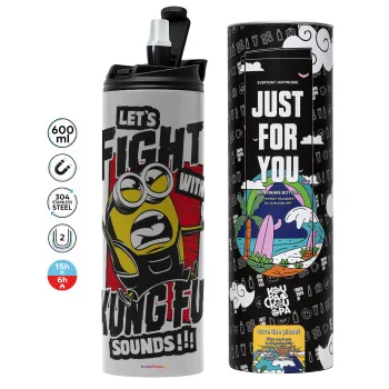 Minions Let's fight with kung fu sounds, Tumbler ποτήρι θερμό ΓΚΡΙ από ανοξείδωτο ατσάλι 600ml