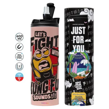 Minions Let's fight with kung fu sounds, Tumbler ποτήρι θερμό ΡΟΖ από ανοξείδωτο ατσάλι 600ml