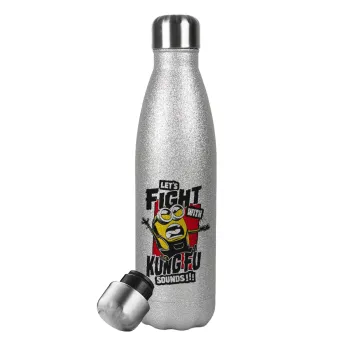 Minions Let's fight with kung fu sounds, Μεταλλικό παγούρι θερμός Glitter Aσημένιο (Stainless steel), διπλού τοιχώματος, 500ml