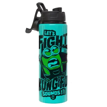 Minions Let's fight with kung fu sounds, Μεταλλικό παγούρι νερού με καπάκι ασφαλείας, αλουμινίου 850ml