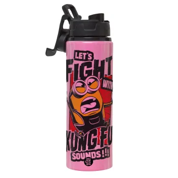 Minions Let's fight with kung fu sounds, Μεταλλικό παγούρι νερού με καπάκι ασφαλείας, αλουμινίου 850ml