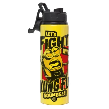 Minions Let's fight with kung fu sounds, Μεταλλικό παγούρι νερού με καπάκι ασφαλείας, αλουμινίου 850ml