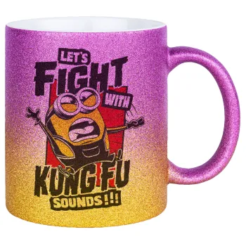 Minions Let's fight with kung fu sounds, Κούπα Χρυσή/Ροζ Glitter, κεραμική, 330ml