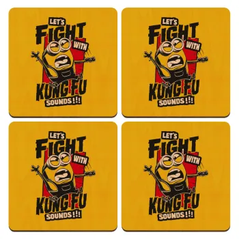 Minions Let's fight with kung fu sounds, ΣΕΤ x4 Σουβέρ ξύλινα τετράγωνα plywood (9cm)