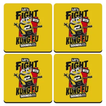 Minions Let's fight with kung fu sounds, ΣΕΤ 4 Σουβέρ ξύλινα τετράγωνα (9cm)