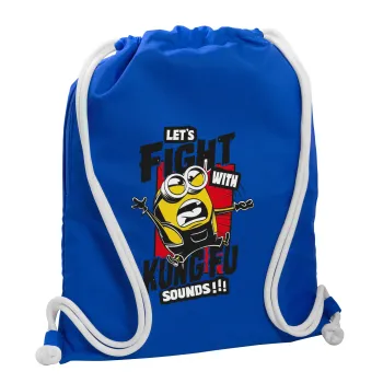 Minions Let's fight with kung fu sounds, Τσάντα πλάτης πουγκί GYMBAG Μπλε, με τσέπη (40x48cm) & χονδρά κορδόνια