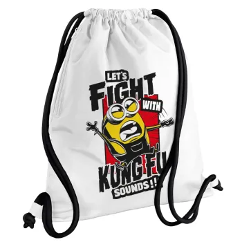 Minions Let's fight with kung fu sounds, Τσάντα πλάτης πουγκί GYMBAG λευκή, με τσέπη (40x48cm) & χονδρά κορδόνια