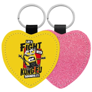 Minions Let's fight with kung fu sounds, Μπρελόκ PU δερμάτινο glitter καρδιά ΡΟΖ