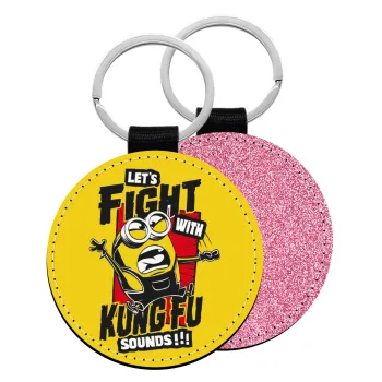 Minions Let's fight with kung fu sounds, Μπρελόκ Δερματίνη, στρογγυλό ΡΟΖ (5cm)