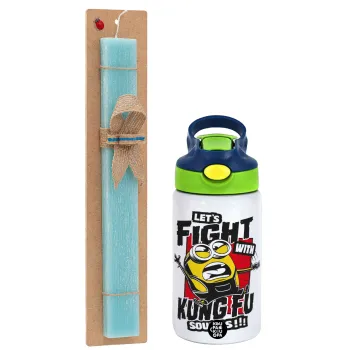 Minions Let's fight with kung fu sounds, Easter Set, Children's thermal stainless steel bottle with safety straw, green/blue (350ml) & aromatic flat Easter candle (30cm) (TURQUOISE)
