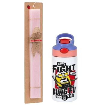 Minions Let's fight with kung fu sounds, Πασχαλινή Λαμπάδα με Παιδικό παγούρι θερμό, ανοξείδωτο, με καλαμάκι ασφαλείας, ροζ/μωβ (350ml) & κερί αρωματικό πλακέ (30cm) (ΡΟΖ)