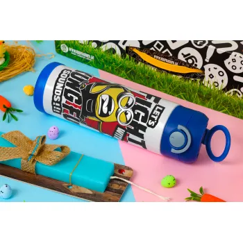 Minions Let's fight with kung fu sounds, Πασχαλινή Λαμπάδα με Παιδικό παγούρι θερμό, ανοξείδωτο, με καλαμάκι ασφαλείας, ΜΠΛΕ (500ml)