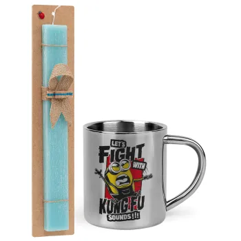 Minions Let's fight with kung fu sounds, Πασχαλινή Λαμπάδα με μεταλλική κούπα θερμό (300ml) & κερί αρωματικό πλακέ (30cm) (ΤΙΡΚΟΥΑΖ)