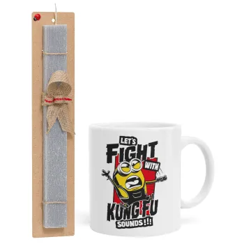 Minions Let's fight with kung fu sounds, Πασχαλινή Λαμπάδα με Κούπα κεραμική (330ml) & κερί αρωματικό πλακέ (30cm) (ΓΚΡΙ)