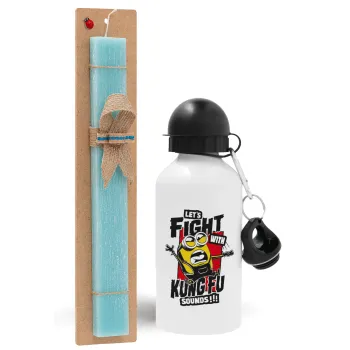 Minions Let's fight with kung fu sounds, Easter Set, metallic aluminum water bottle (500ml) & scented flat candle (30cm) (TURQUOISE)
