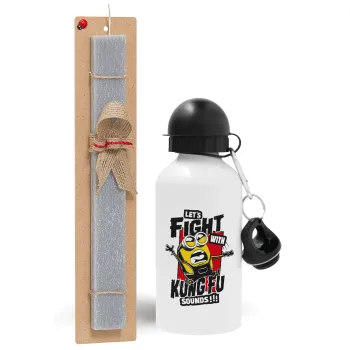 Minions Let's fight with kung fu sounds, Πασχαλινή Λαμπάδα με παγούρι μεταλλικό  αλουμινίου (500ml) & κερί αρωματικό πλακέ (30cm) (ΓΚΡΙ)