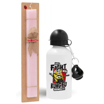 Minions Let's fight with kung fu sounds, Easter Set, metallic aluminum bottle (500ml) & aromatic flat Easter candle (30cm) (PINK)
