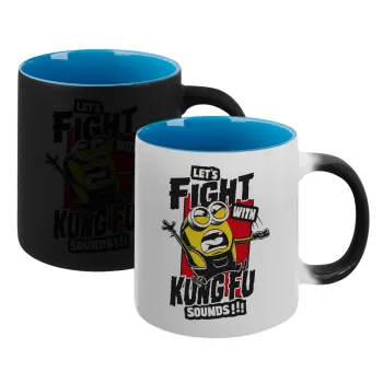 Minions Let's fight with kung fu sounds, Κούπα Μαγική εσωτερικό μπλε, κεραμική 330ml που αλλάζει χρώμα με το ζεστό ρόφημα